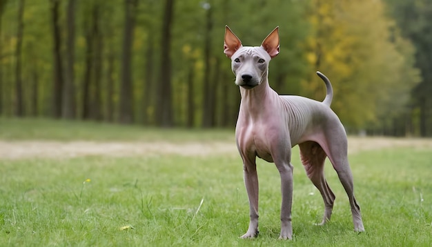 Mooie Amerikaanse Haarless Terrier stand Hond hebzucht Groene weide nabij het bos