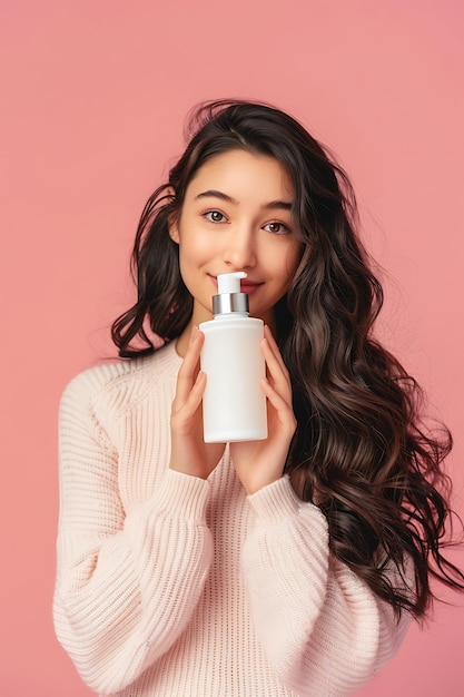 mooie Amerikaanse vrouwen die modieuze kleding dragen en een lege witte fles huidverzorging AI-beeld vasthouden