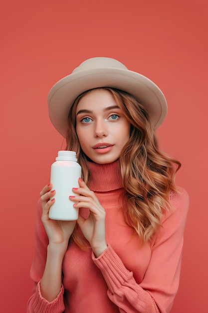 mooie Amerikaanse vrouwen die modieuze kleding dragen en een lege witte fles huidverzorging AI-beeld vasthouden