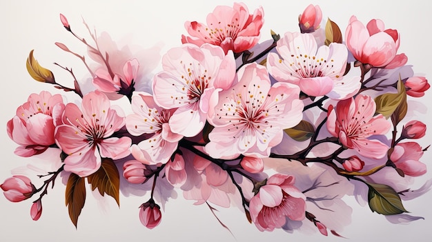 Mooie aquarel kersenbloesem tak en sakura kersen roze bloem illustratie geïsoleerd op witte achtergrond