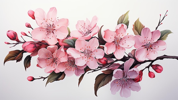 Mooie aquarel kersenbloesem tak en sakura kersen roze bloem illustratie geïsoleerd op witte achtergrond