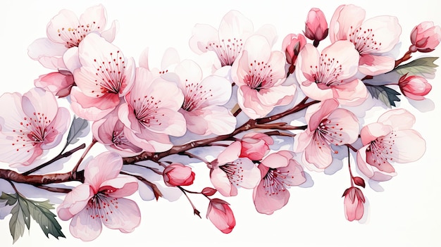 Mooie aquarel kersenbloesem tak en sakura kersen roze bloem illustratie geïsoleerd op witte achtergrond