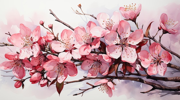 Foto mooie aquarel kersenbloesem tak en sakura kersen roze bloem illustratie geïsoleerd op witte achtergrond