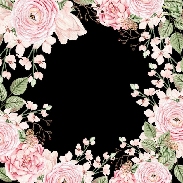 Mooie aquarel trouwkaart met roze Lentebloemen en knoppen. Illustratie