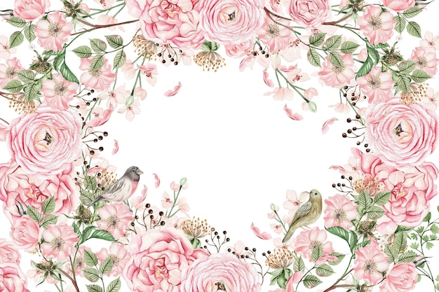 Mooie aquarel trouwkaart met roze Lentebloemen en knoppen. Illustratie