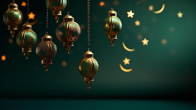 Mooie Arabische groene en gouden lantaarn op een groene achtergrond Ramadan Kareem Generative AI