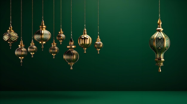 Mooie Arabische groene en gouden lantaarn op een groene achtergrond Ramadan Kareem Generative AI