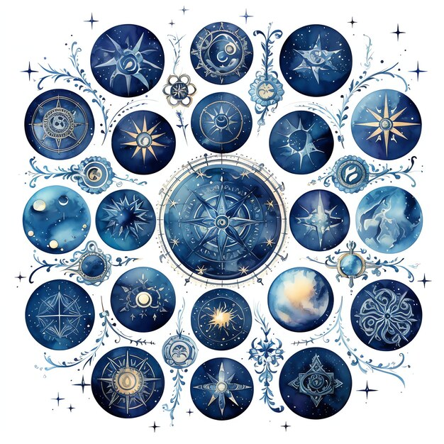 Mooie astrologische symbolen fantasie aquarel sprookje clipart illustratie