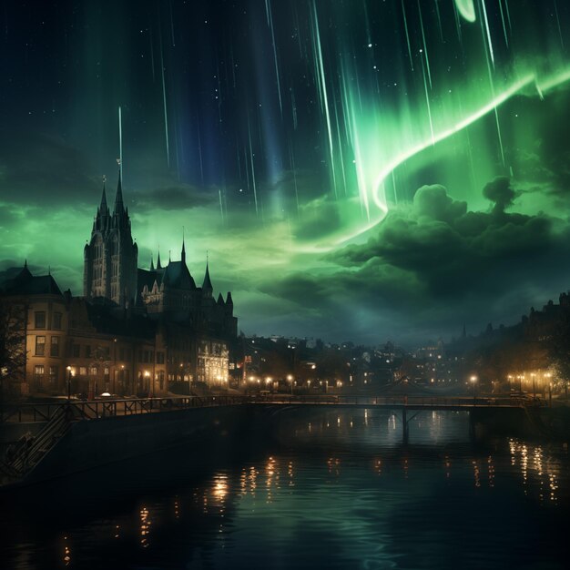 Mooie aurora borealis boven de stad 's nachts illustratie