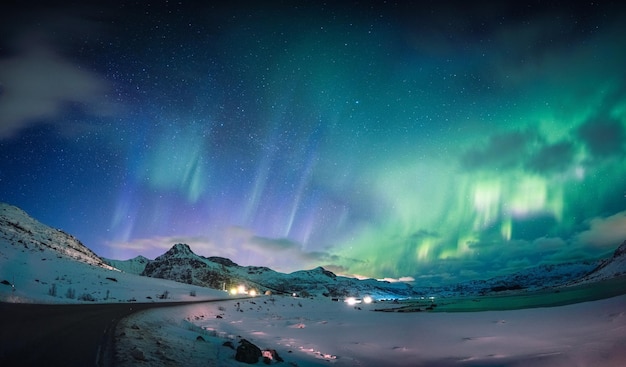 Mooie Aurora borealis Noorderlicht gloeit over sneeuwberg en kustlijn in de nachtelijke hemel op de Lofoten-eilanden