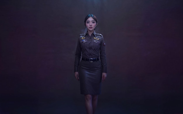 Mooie Aziatische Thaise politievrouw bij zwarte generatieve AI als achtergrond