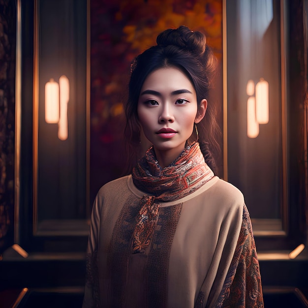 Mooie Aziatische vrouw bij de generatieve kunst van het appartement door AI