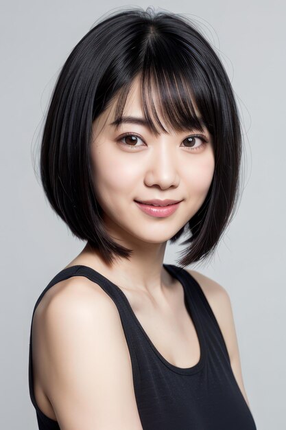 mooie aziatische vrouw bob gesneden close-up glimlach voorkant pastel grijze achtergrond