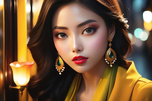 Mooie Aziatische vrouw die modieuze oorbellen draagt met rode lichten Mooie Asiatische vrouw met fa