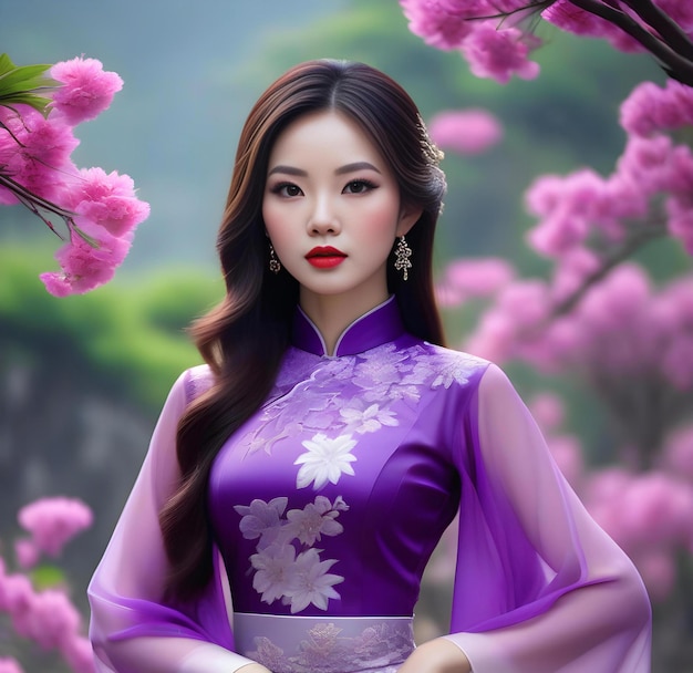 Mooie Aziatische vrouw die traditionele cheongsam draagt met sakura achtergrond