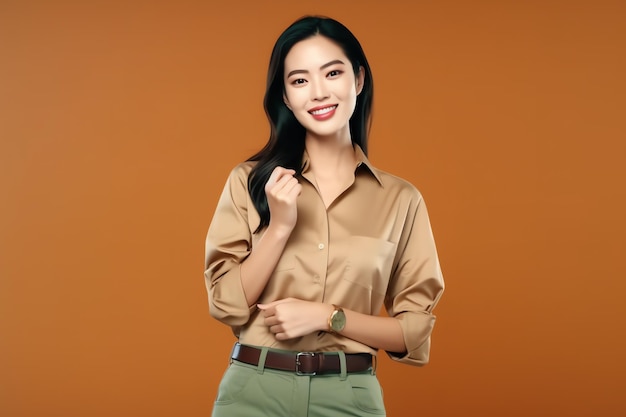 Mooie Aziatische vrouw in casual met vrolijke glimlach Studio schoot Aziatische vrouw staand handgebaar