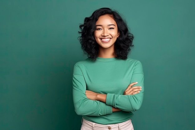 Mooie Aziatische vrouw in casual met vrolijke glimlach Studio schoot Aziatische vrouw staand handgebaar