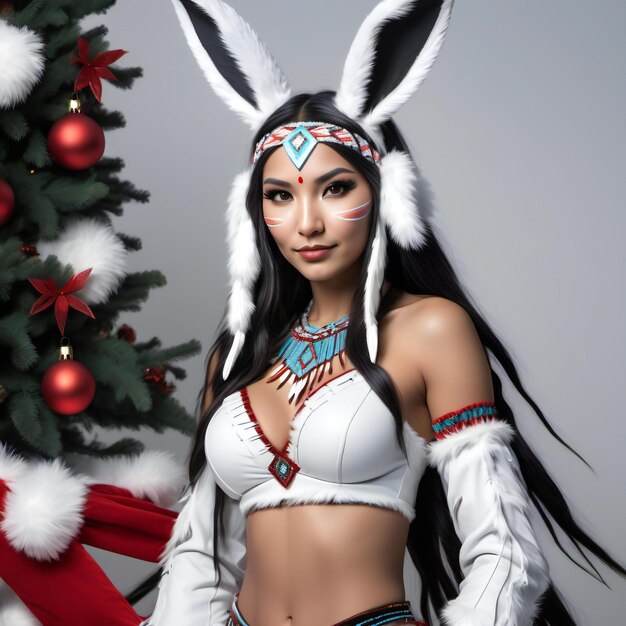 Mooie Aziatische vrouw in een kerstman kostuum met konijnenoren en kerstboom