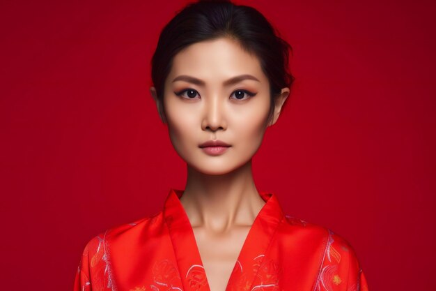 Mooie Aziatische vrouw in rode kimono op rode achtergrond