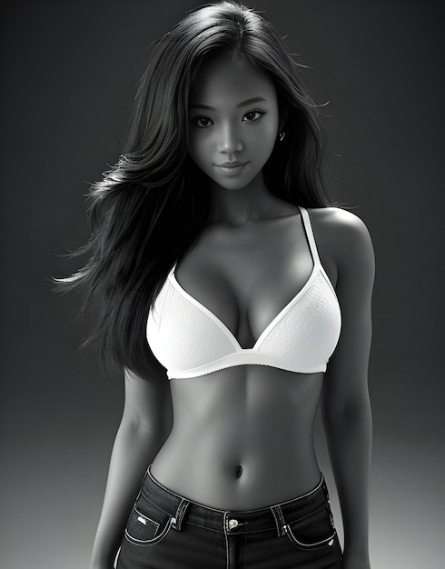 Mooie Aziatische vrouw in witte bh en spijkerbroek op donkere achtergrond