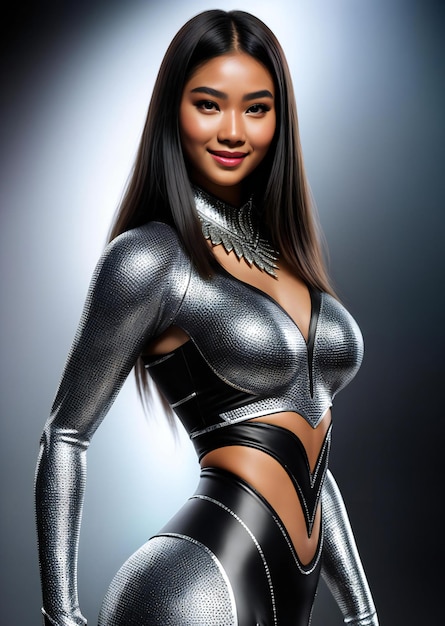 Mooie Aziatische vrouw in zilveren latex kostuum op donkere achtergrond