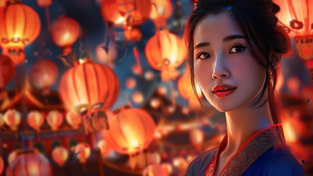 Foto mooie aziatische vrouw met chinese lantaarns op de achtergrond