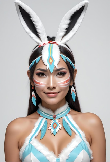 Mooie Aziatische vrouw met konijnenoren en make-up op een grijze achtergrond.