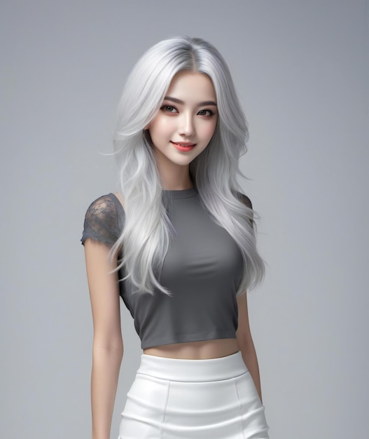 Mooie Aziatische vrouw met lang wit haar en grijs shirt op een grijze achtergrond