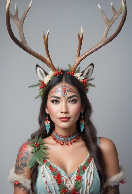 Mooie Aziatische vrouw met rendierhoorns en make-up.