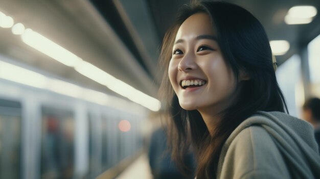 Foto mooie aziatische vrouw op het treinstation.
