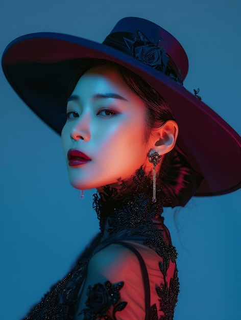 Mooie Aziatische vrouw poseert in zwarte hoed en luxe kleding.