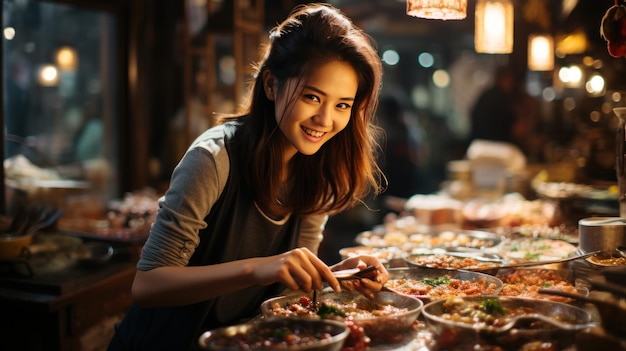 Mooie Aziatische vrouw winkelt's avonds op de straatvoedselmarkt.