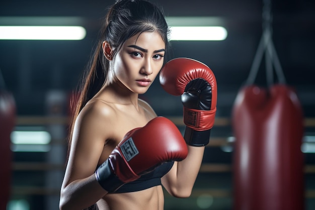 Mooie Aziatische vrouwen bokser gelukkig en leuk fitness boksen en slaan een zak met het dragen van boksen handschoen