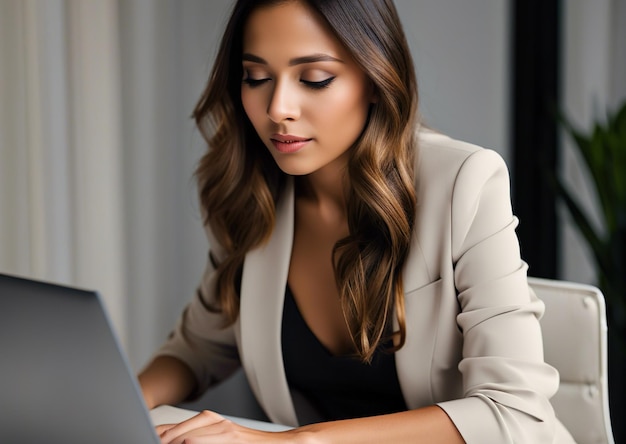 Mooie Aziatische zakenvrouw die met een laptop werkt op de werkplek in het kantoor Generatieve AI