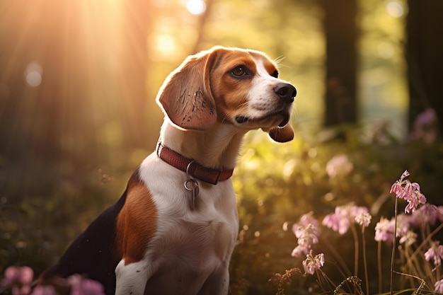 Mooie beagle hond in het bos bij zonsondergang Beagle hond portret