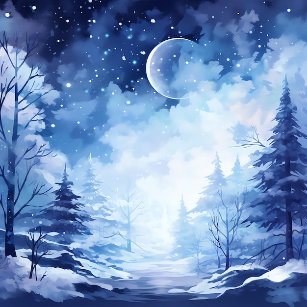 mooie besneeuwde bos blauwe ijs winter sprookjesachtige fantasiewereld clipart illustratie