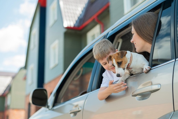 Mooie blanke vrouw reist met een kind en een hond Moeder en zoon leunden uit het autoraam in een omhelzing met een puppy van Jack Russell Terrier Gelukkige familie gaat op autorit