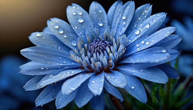 Mooie blauwe bloem met dauwdruppels op de bloemblaadjes.