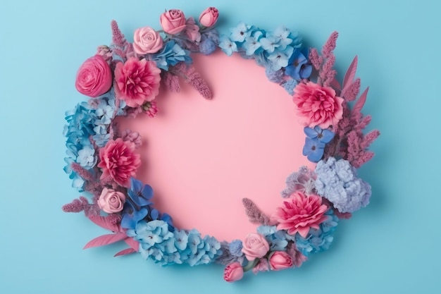 Mooie blauwe en roze achtergrond met bloemen en kopie ruimte Lege ruimte voor tekst Frame achtergrond Zomer lente bloesem Vrouw of Moederdag Verjaardag Generatieve AI