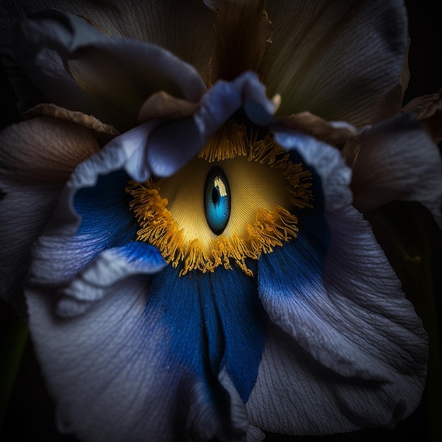 Mooie blauwe iris met gele bloemenbehang AI Gegenereerde Art