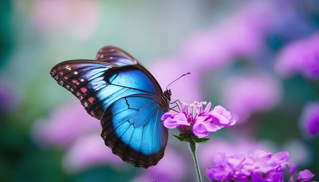 Foto mooie blauwe vlinder morpho op roze-violet bloemen in de lente in de natuur close-up macro