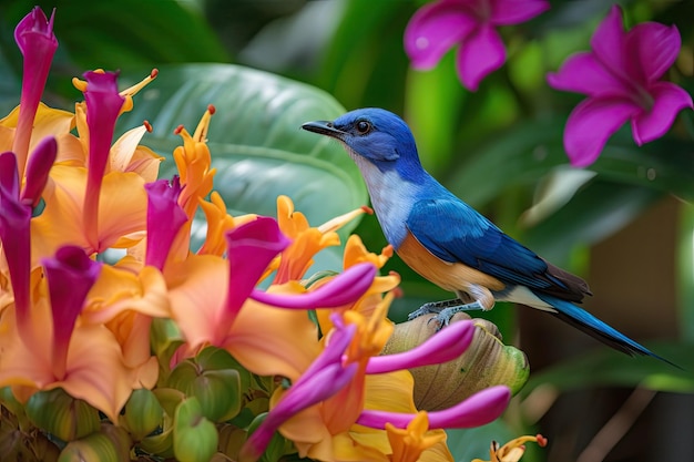 Mooie blauwe vogel zittend op bloeiende bloem in tropische omgeving gemaakt met generatieve AI