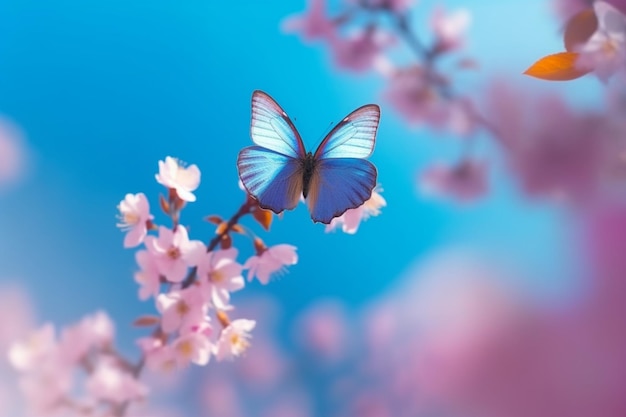 Mooie blauwgele vlinder tijdens de vlucht en tak van bloeiende abrikozenboom in het voorjaar bij zonsopgang