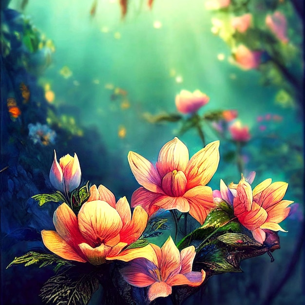 Mooie bloeiende bloemen in een betoverde tuin fotorealistische fantasie achtergrond Stockafbeelding
