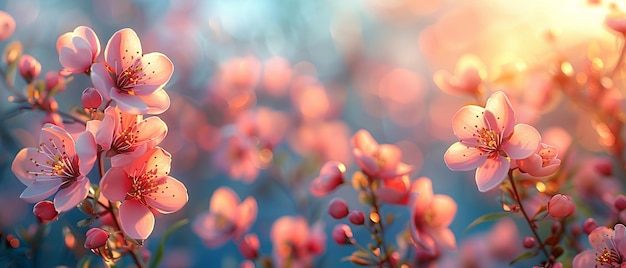 Mooie bloeiende boom met een zonneschijn Zonnige dag Lente bloemen Mooie boomgaard met abstracte wazige achtergrond Lente