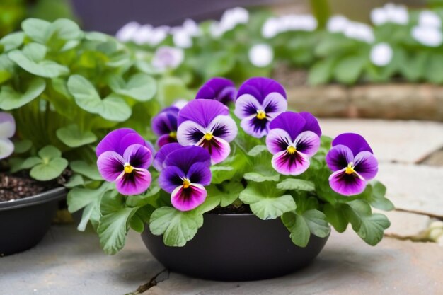 Foto mooie bloeiende hoornige violette bloem bedden pansies viola cornuta tuin pansy