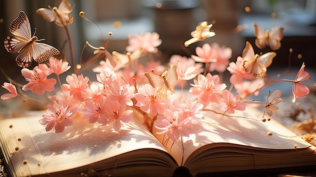 mooie bloem die vliegt en groeit uit een boek in lichtbruine roze stijl