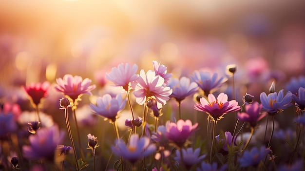 Mooie bloemen bij zonsopgang in een veld