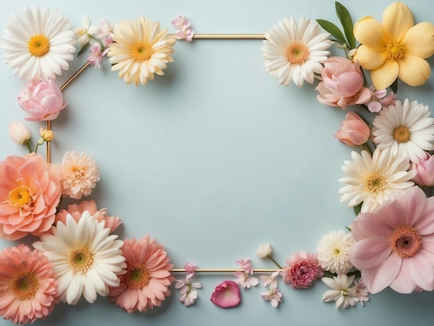 Mooie bloemen frame compositie op pastel achtergrond met kopie ruimte voor Wedding uitnodiging Vale