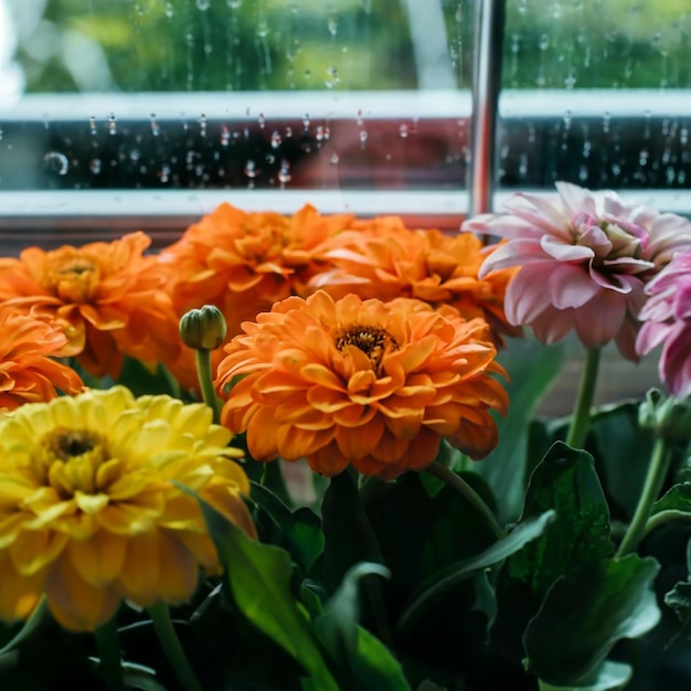 Mooie bloemen gezien achter vochtigheidsglas